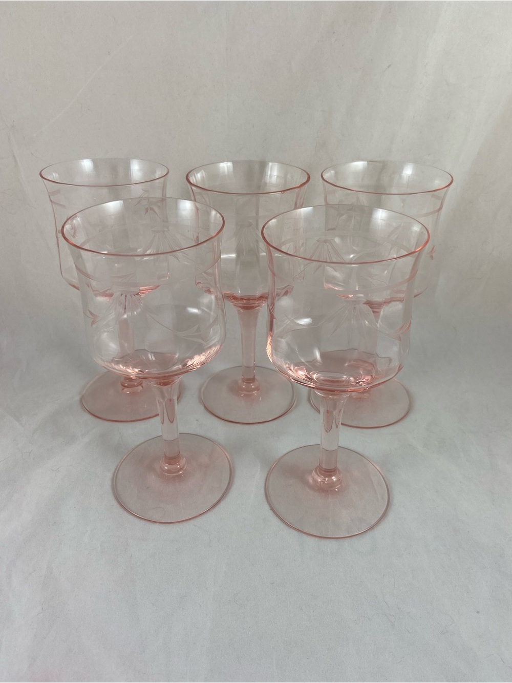 Tiffin Franciscan Set Of 5 Etched Floral & Leaf Optic Pink Wine Cocktail Glasses